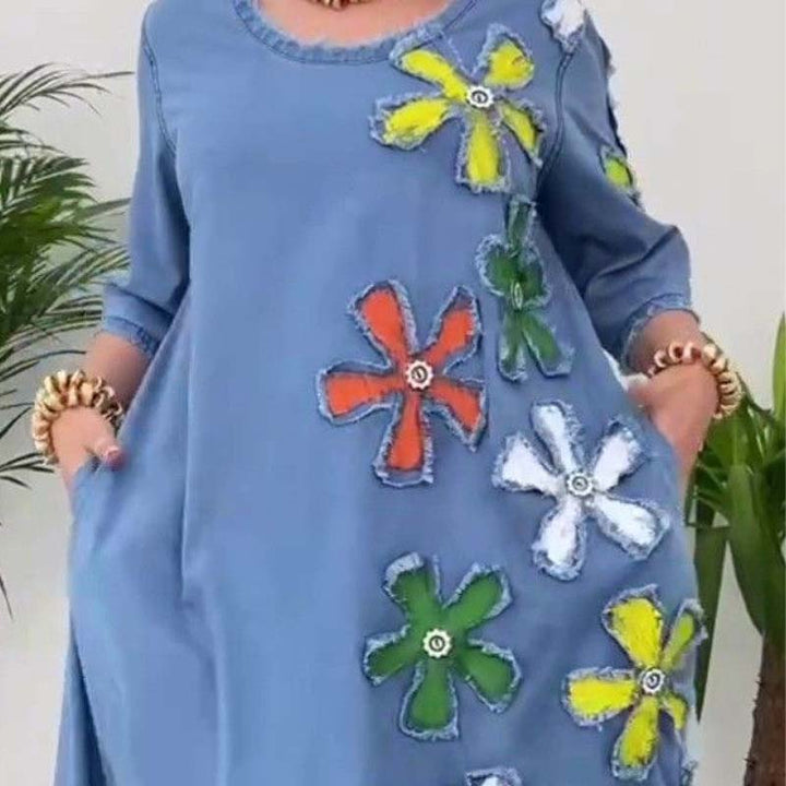 Atmungsaktives Damen-Midikleid aus Denim mit Blumenmuster