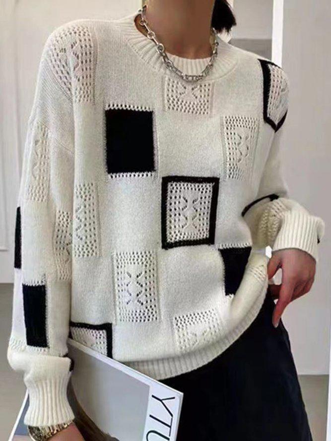 Women’s Cozy Patchwork Knit Sweater Featuring Geometric Patterns