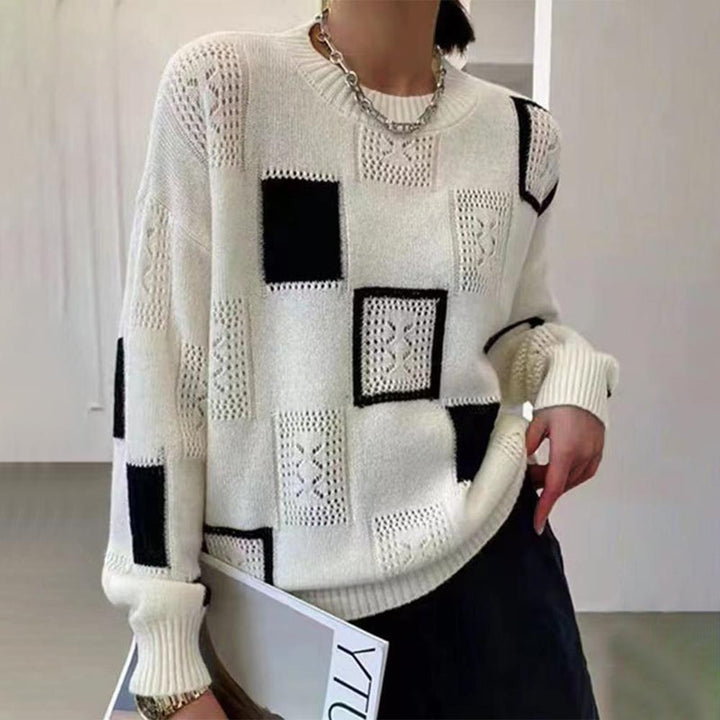 Women’s Cozy Patchwork Knit Sweater Featuring Geometric Patterns