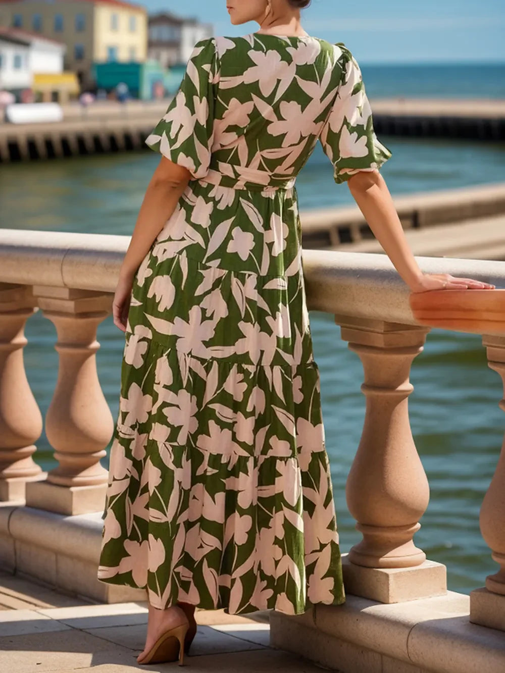 Tiered Floral Midi Dress with Tie Waist and Half Sleeves – Summer Wedding Guest Attire