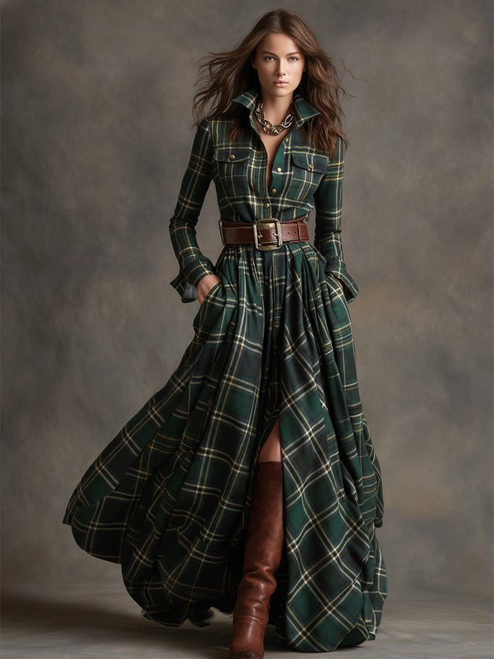 Women’s Plaid Maxi Dress with Button Front and Belt