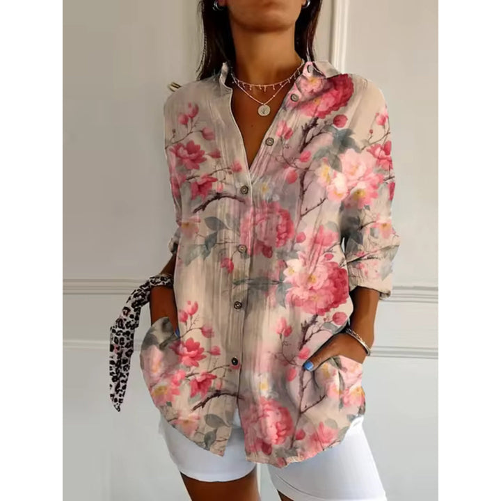 Casual Blouse Floral Print Women with Long-Sleeve Button-Down