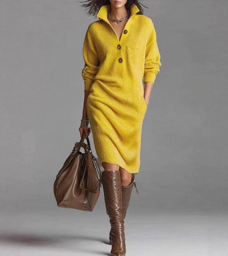 Women’s Long Sleeve Button-Front Knit Midi Dress
