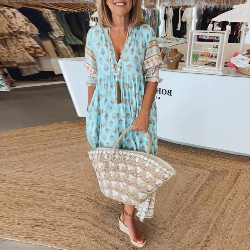 Women's Breathable Printed Maxi Dress with Pockets