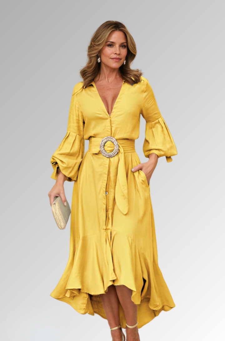 Women's Flattering V-Neck Maxi Dress with Belt