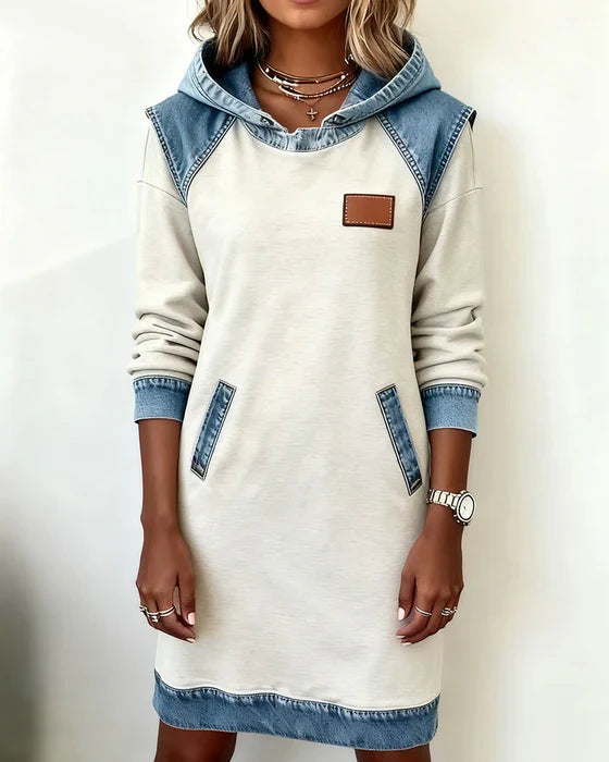 Two-Tone Hooded Sweater with Denim Accents