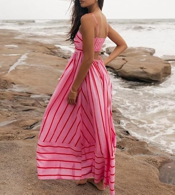 Sunset Vibes Maxi Dress for Women | Contrasting Stripes, Slight Waist Stretch