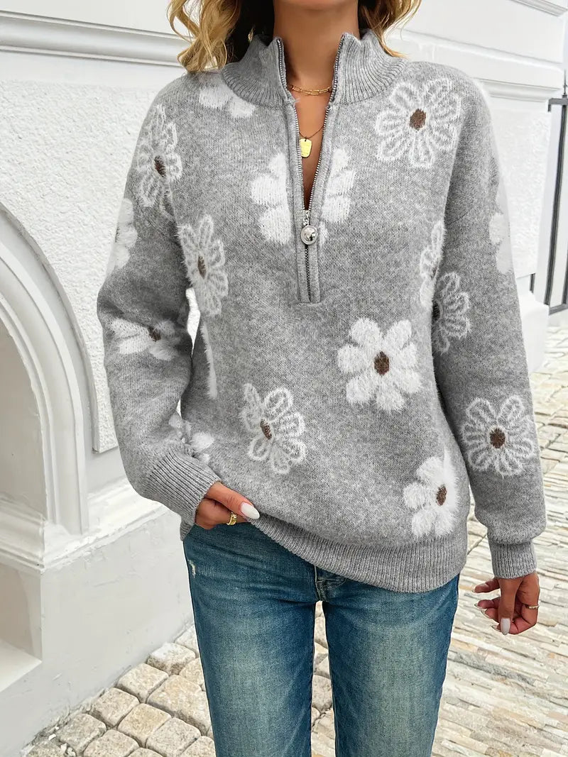 Women’s Floral Knit Half-Zip Soft Sweater