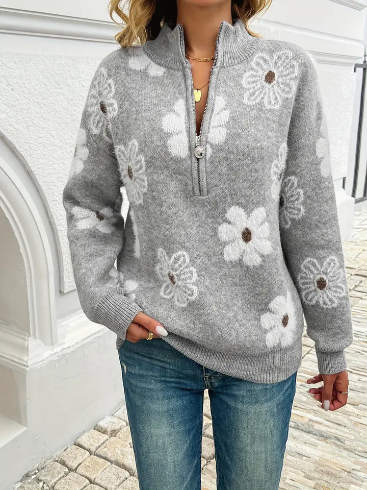 Women’s Floral Knit Half-Zip Soft Sweater