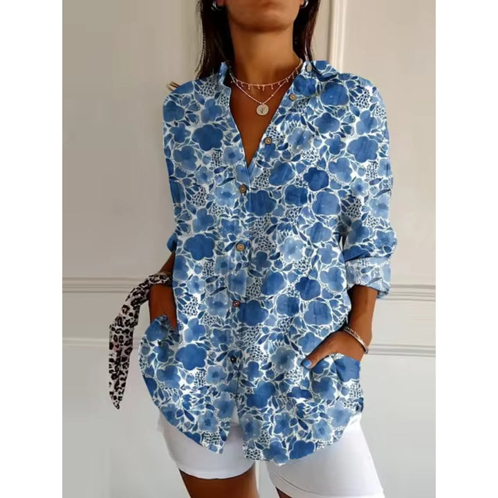 Casual Blouse Floral Print Women with Long-Sleeve Button-Down