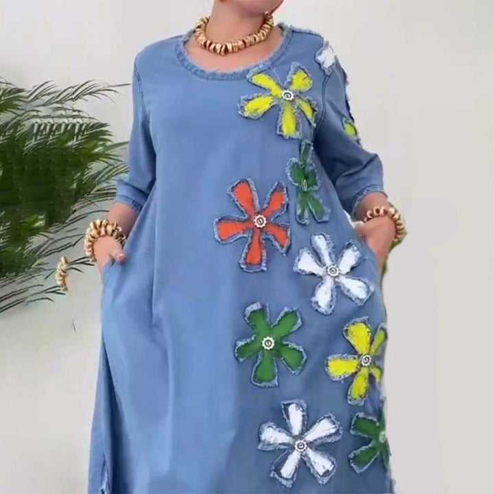 Atmungsaktives Damen-Midikleid aus Denim mit Blumenmuster