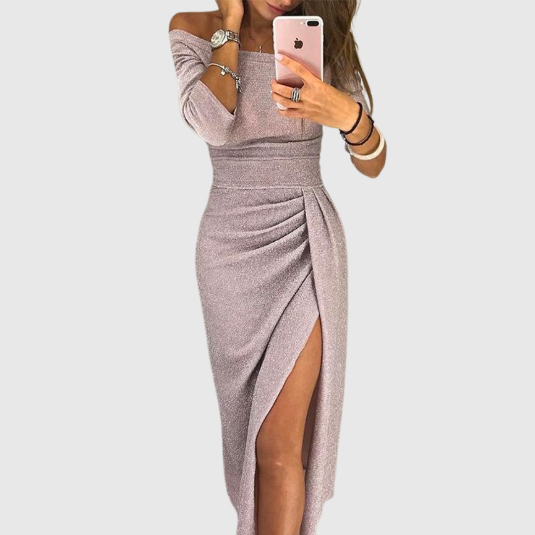 Elegant Off-Shoulder Maxi Dress Featuring a Side Slit