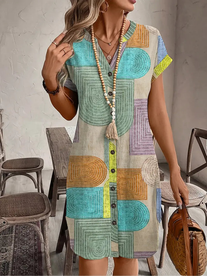 Naisten geometrinen printti, kevyt, napillinen maksimekko