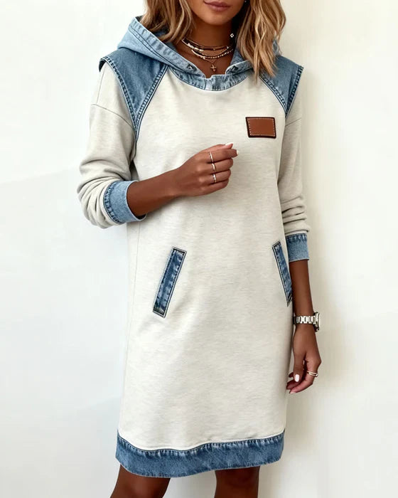 Two-Tone Hooded Sweater with Denim Accents