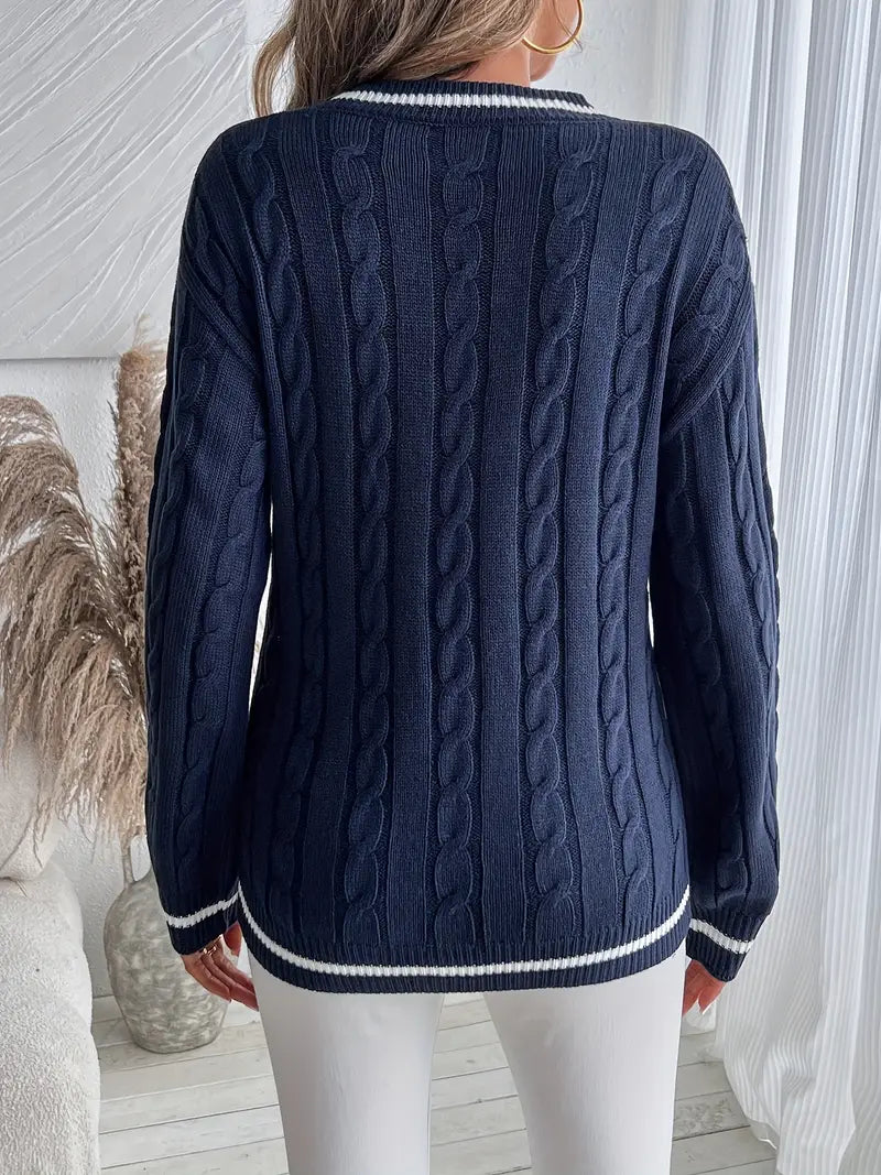 Pull en maille torsadée confortable à col en V pour femme