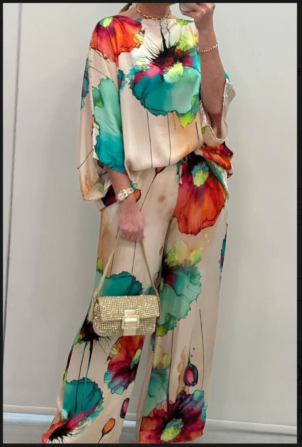 Kirkas ja rohkea naisten kaksoissetti, ylellinen kangas, kirkas printti, joustava istuvuus, mukava