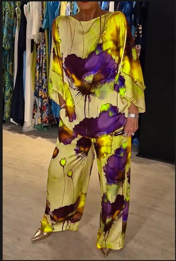 Kirkas ja rohkea naisten kaksoissetti, ylellinen kangas, kirkas printti, joustava istuvuus, mukava