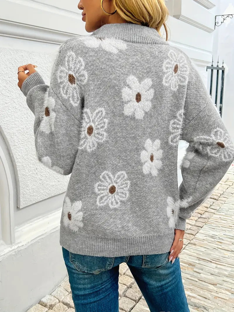 Women’s Floral Knit Half-Zip Soft Sweater