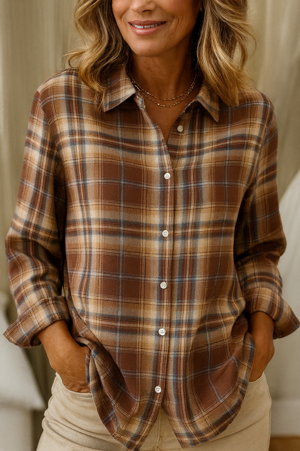 Women’s Soft Cotton Plaid Button-Down Shirt