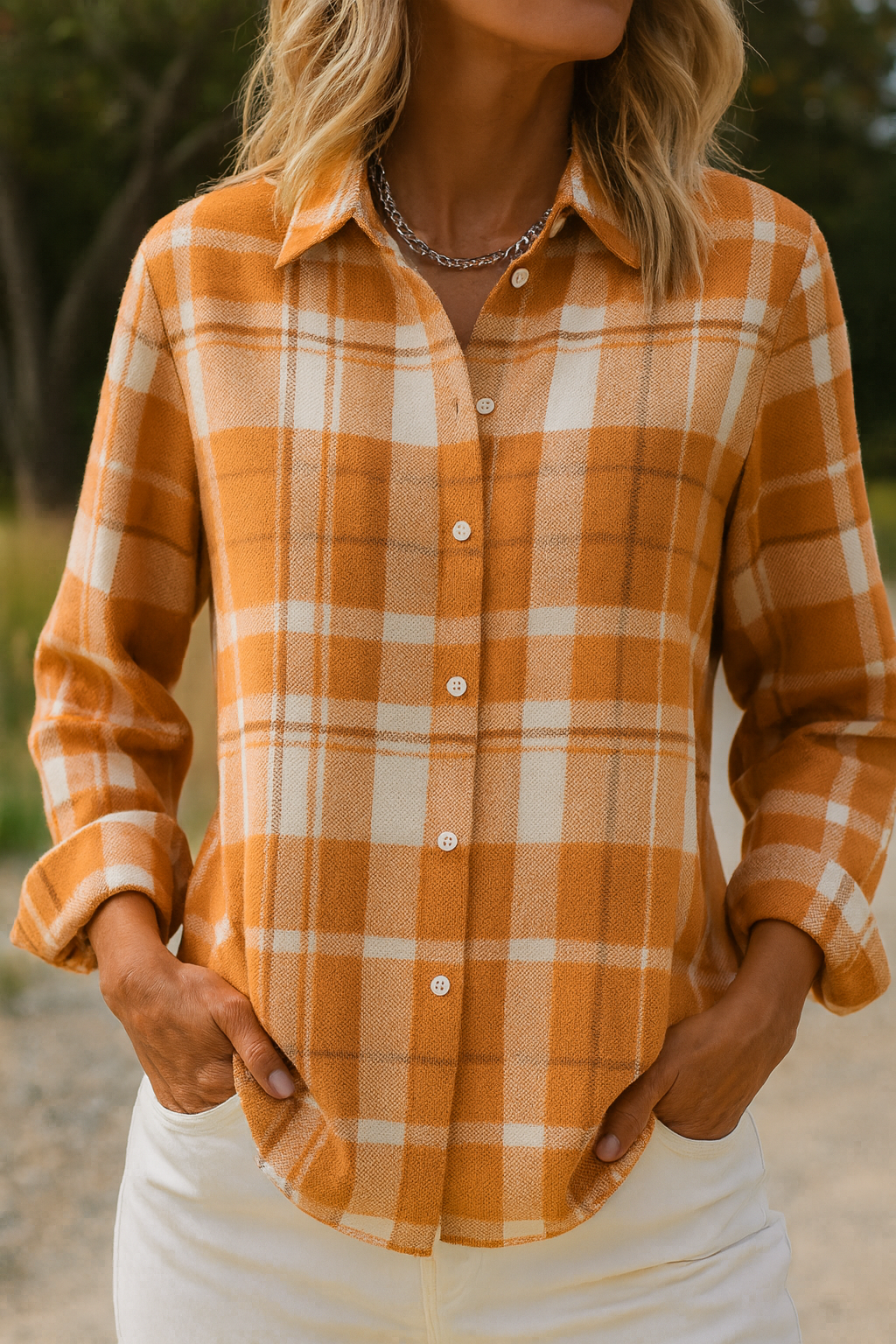 Women’s Soft Cotton Plaid Button-Down Shirt