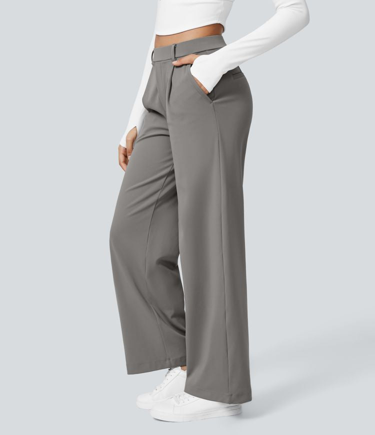Flared Trousers High Waist Women Cotton Blend Side Zip Pockets