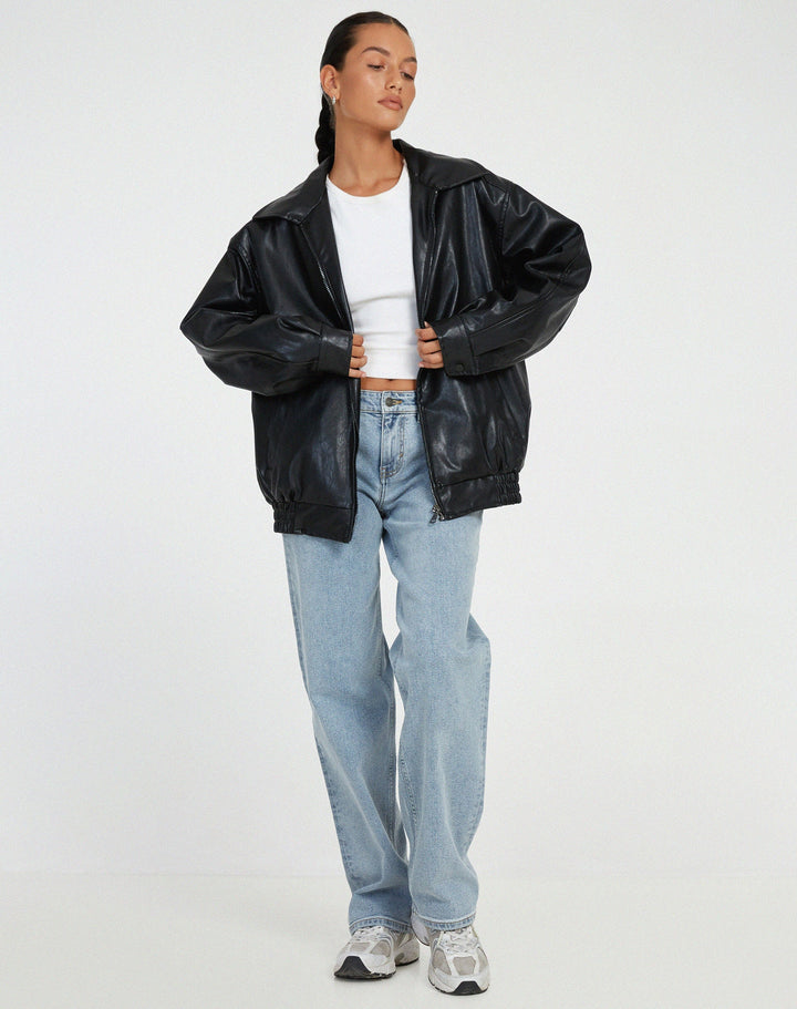 Relaxed Fit Oversized Faux Leather Zip Jacket