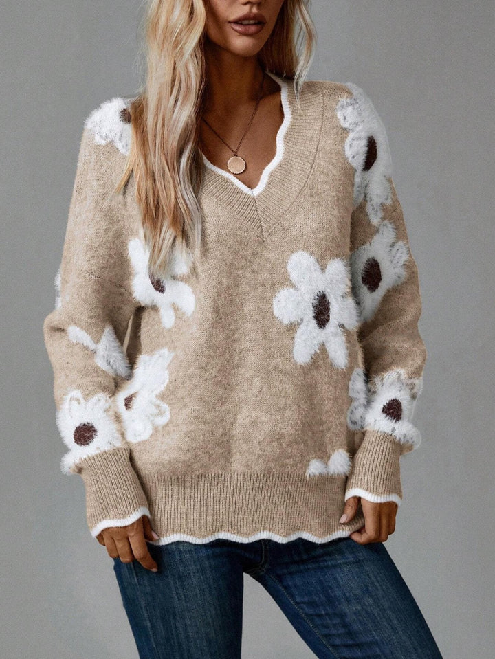 Women’s V-Neck Soft Floral Knit Sweater