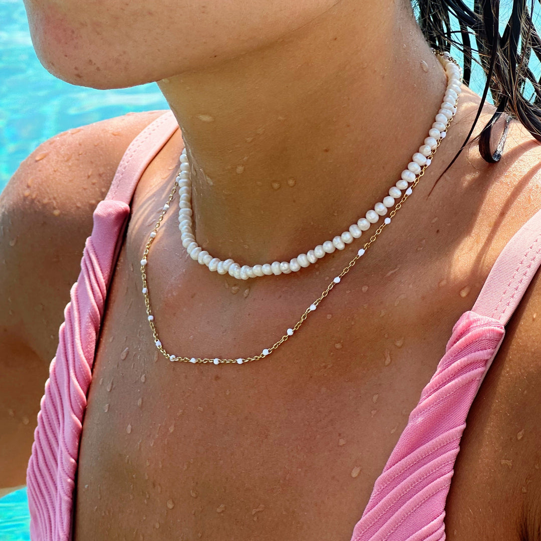 White Beaded Choker Necklace for Women Stainless Steel | Waterproof, Hypoallergenic, Adjustable Fit