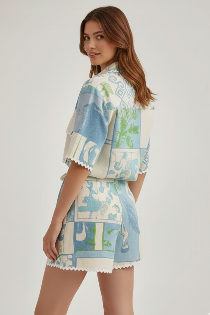 Zweiteiliges Set für Damen im Boho-Stil mit Patchwork-Oberteil und verstellbaren Shorts