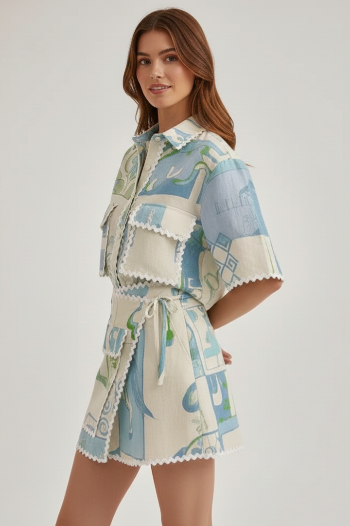 Zweiteiliges Set für Damen im Boho-Stil mit Patchwork-Oberteil und verstellbaren Shorts