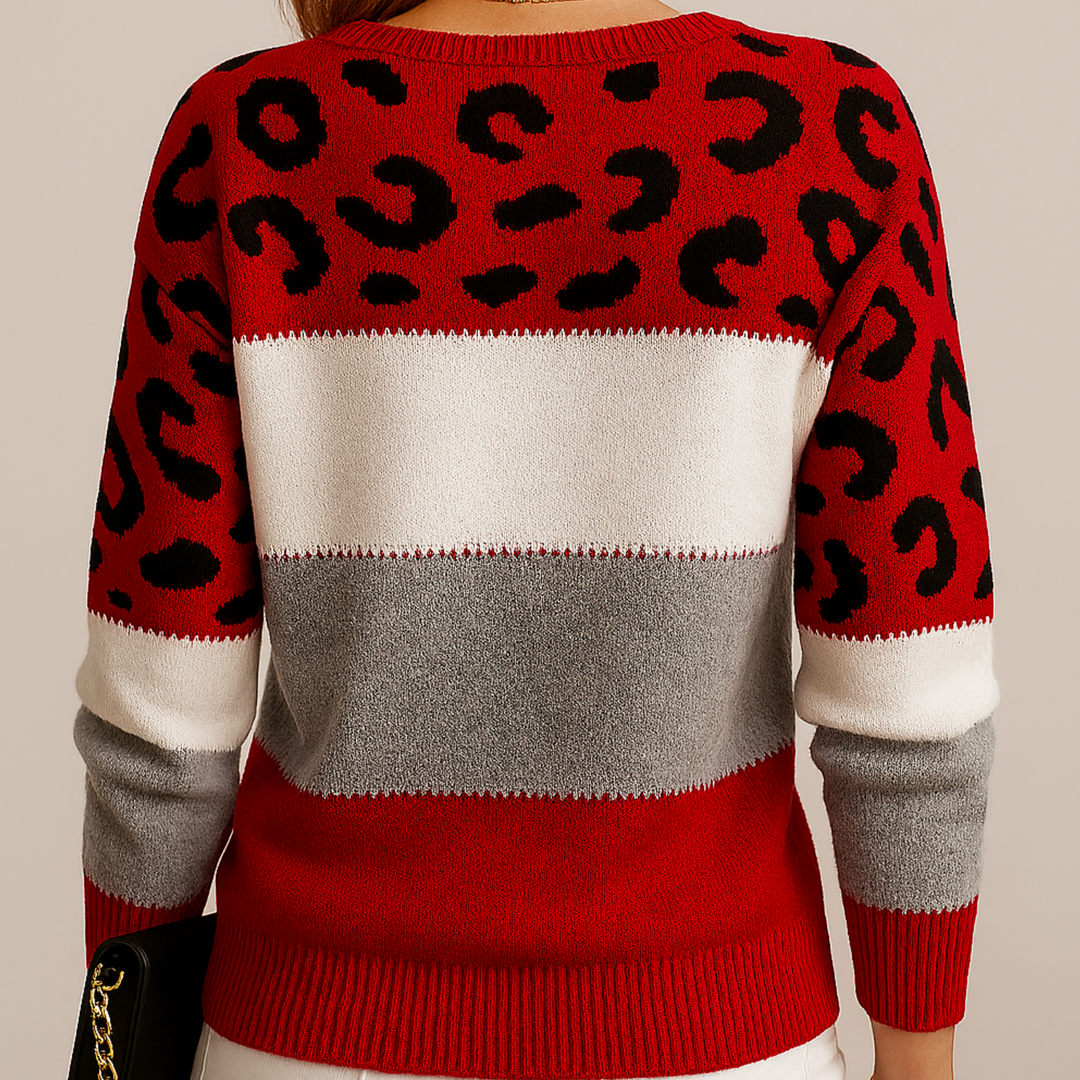 Women’s Leopard Print Colorblock Knit Sweater for Daily Wear
