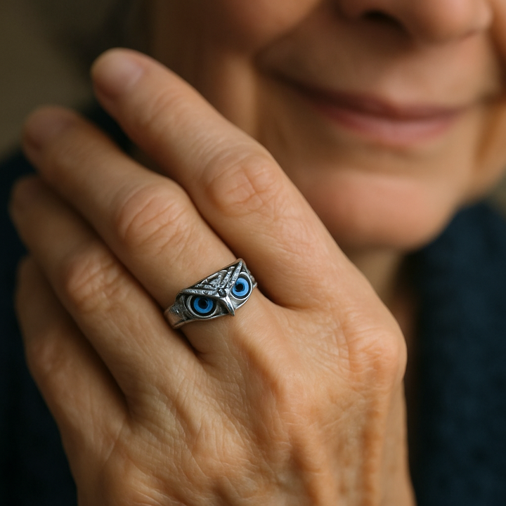 Owl of Good Luck Ring Women's Silver Adjustable with Opal Gemstone