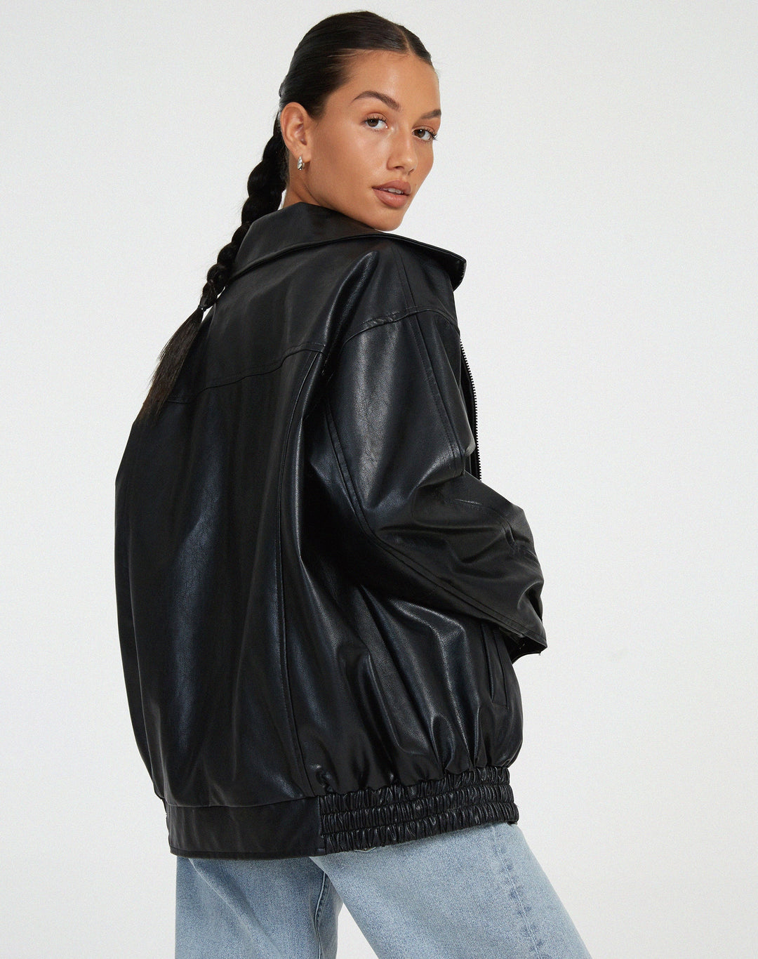 Relaxed Fit Oversized Faux Leather Zip Jacket