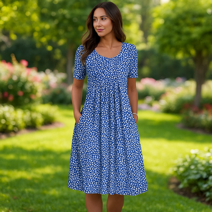 Midi Dress for Women’s Cotton Blend Dress with A-Line Fit, Functional Pockets & U-Neckline