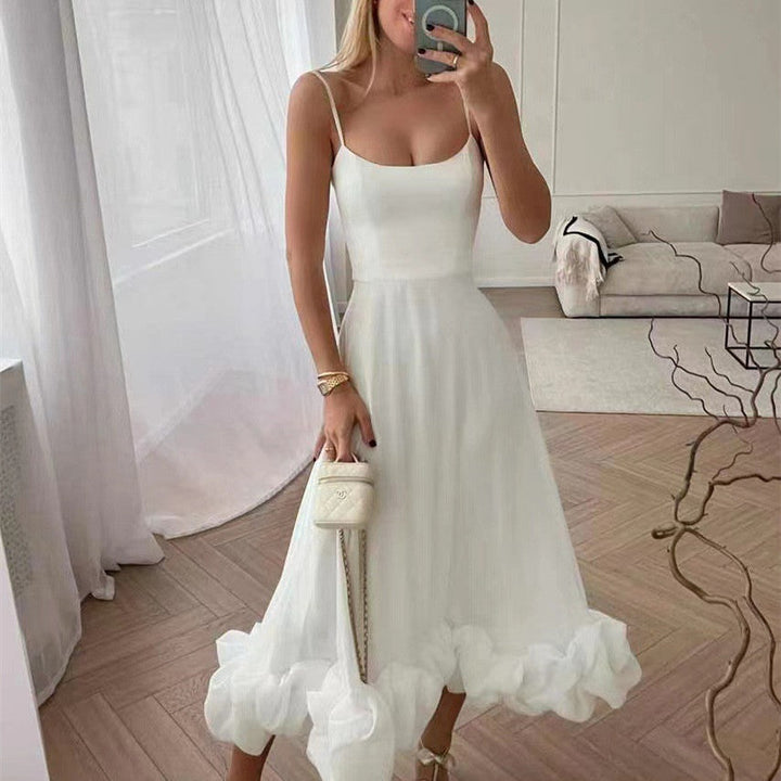 Ruffed Midi Mekko Sifonki Mekko Naisten Spaghettihihnat