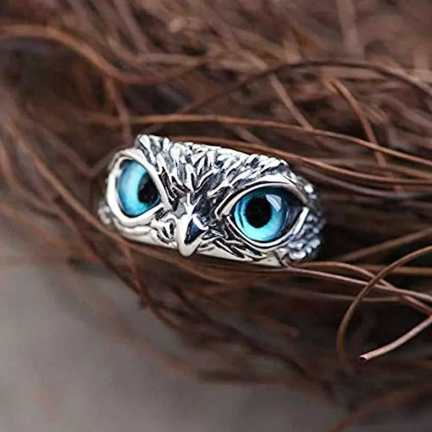 Owl of Good Luck Ring Women's Silver Adjustable with Opal Gemstone