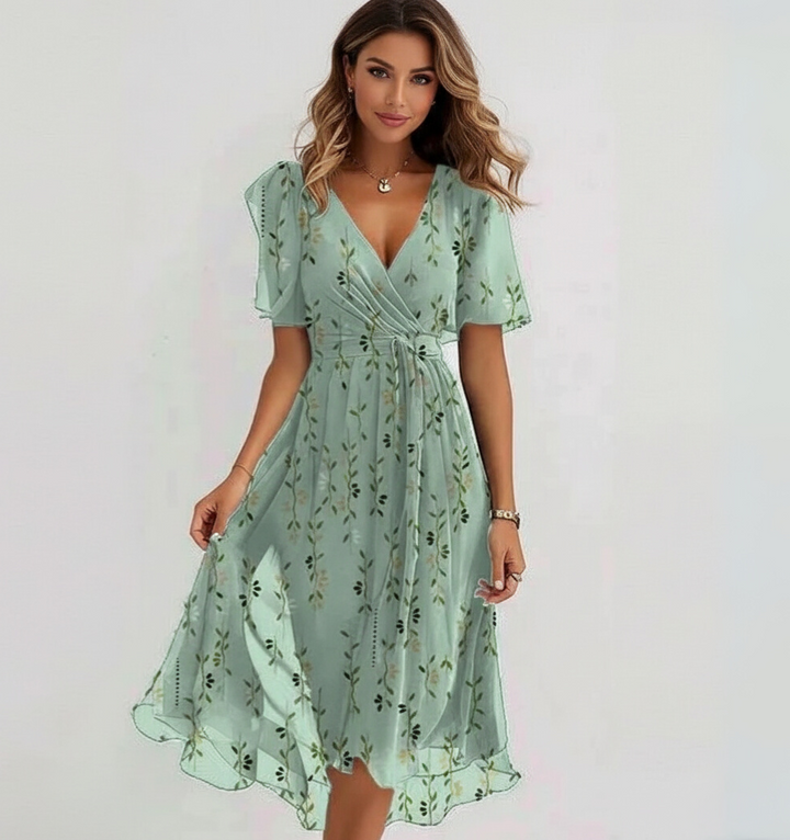 Women’s Midi Dress Floral V-Neck Flutter Sleeve | Lightweight