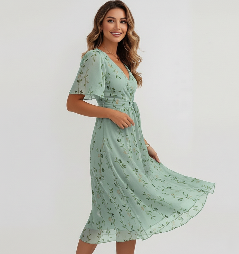 Women’s Midi Dress Floral V-Neck Flutter Sleeve | Lightweight