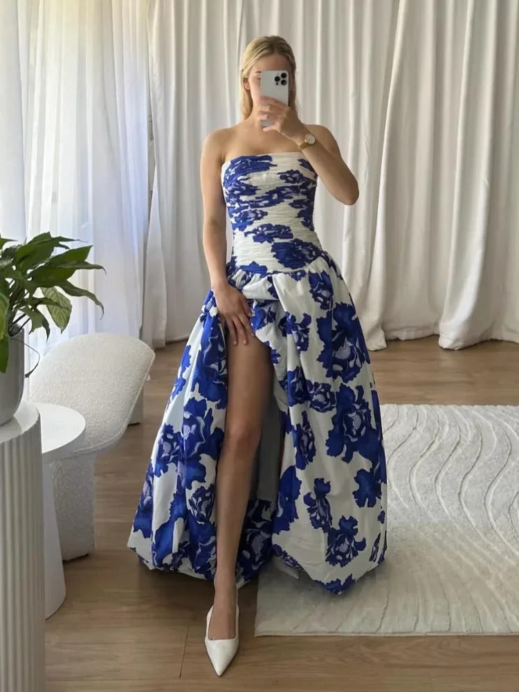 Strapless Floral Maxi Dress for Women with High Slit