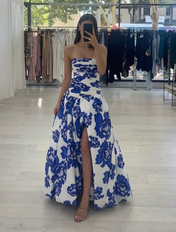 Strapless Floral Maxi Dress for Women with High Slit