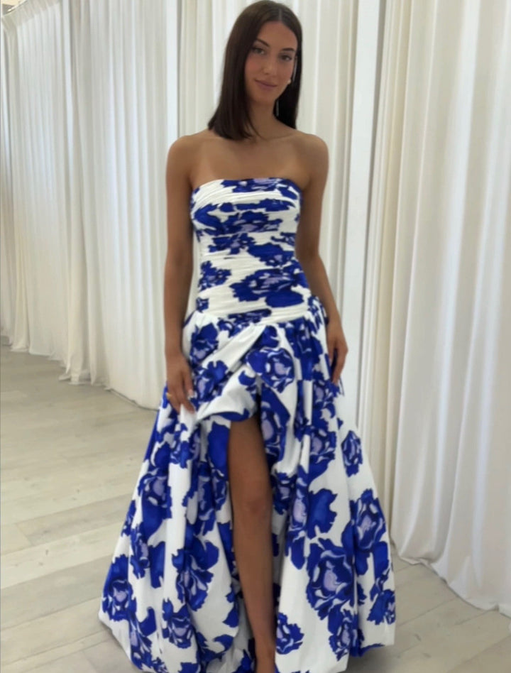 Strapless Floral Maxi Dress for Women with High Slit