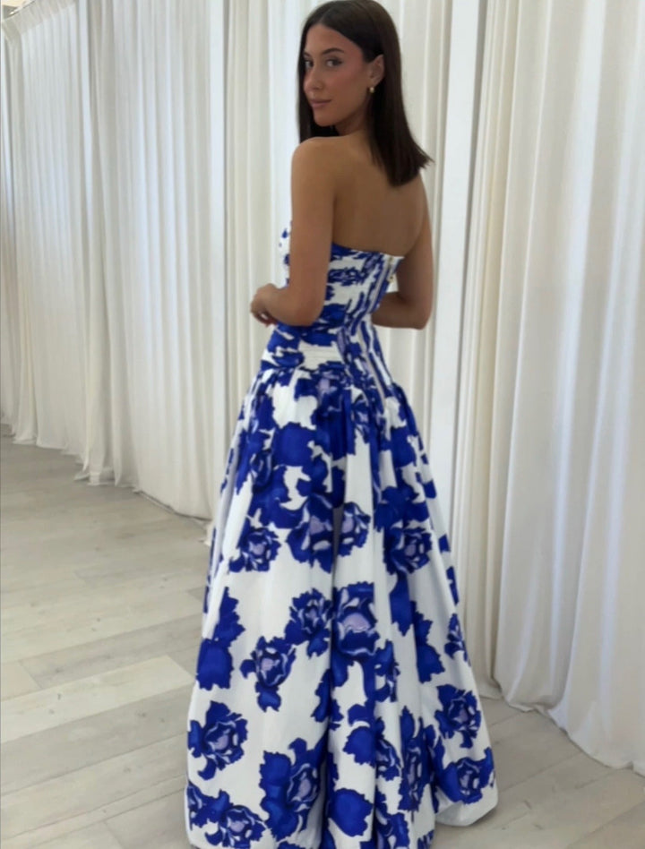 Strapless Floral Maxi Dress for Women with High Slit