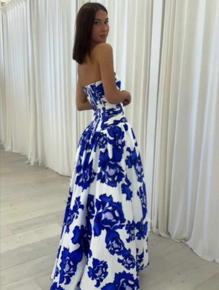 Strapless Floral Maxi Dress for Women with High Slit