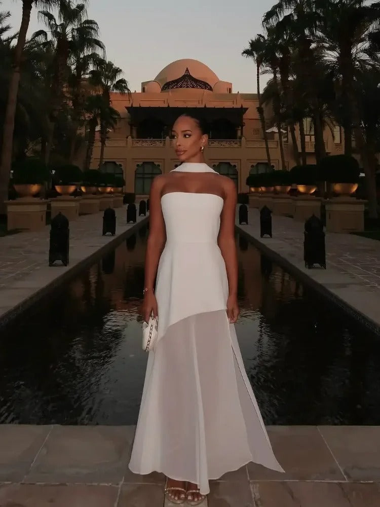 Asymmetrical Strapless Maxi Dress for Women with Side Slit