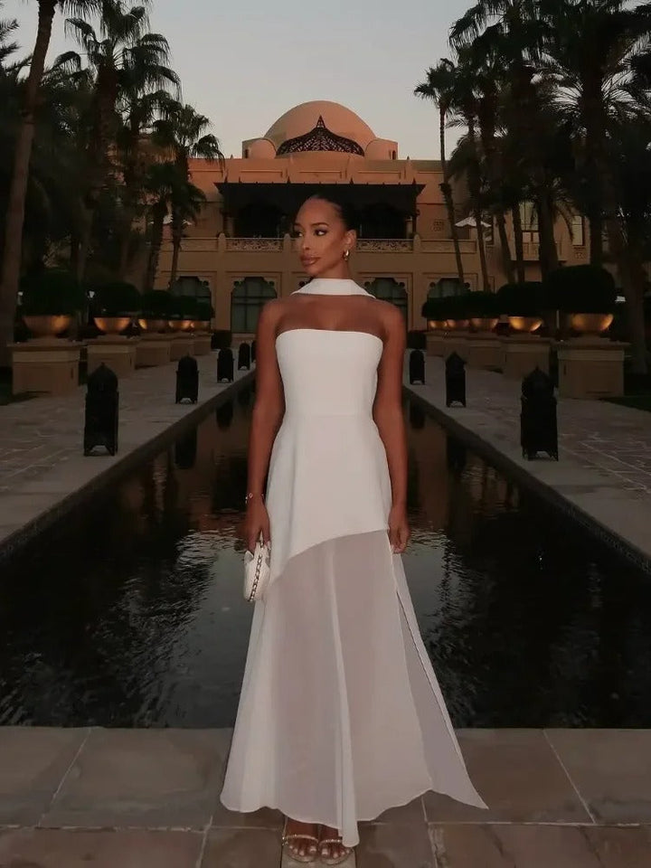 Asymmetrical Strapless Maxi Dress for Women with Side Slit