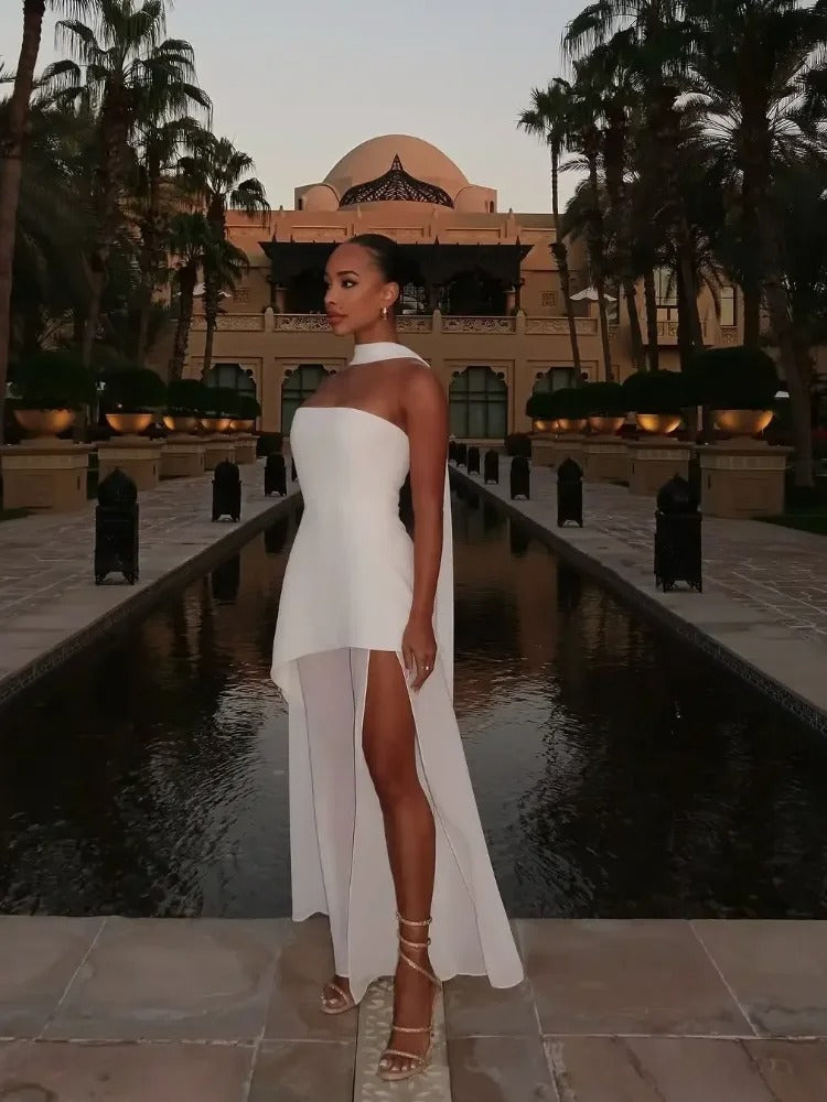 Asymmetrical Strapless Maxi Dress for Women with Side Slit