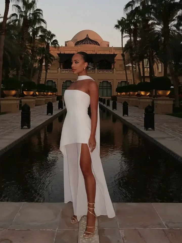 Asymmetrical Strapless Maxi Dress for Women with Side Slit