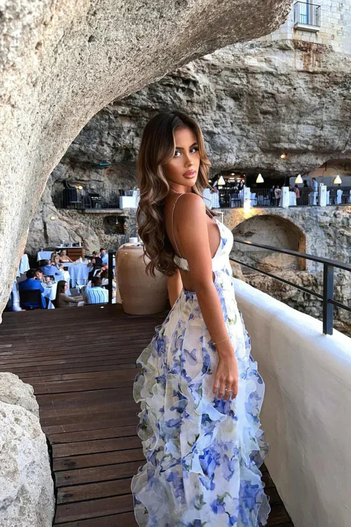 Robe longue fleurie pour femme avec volants fluides