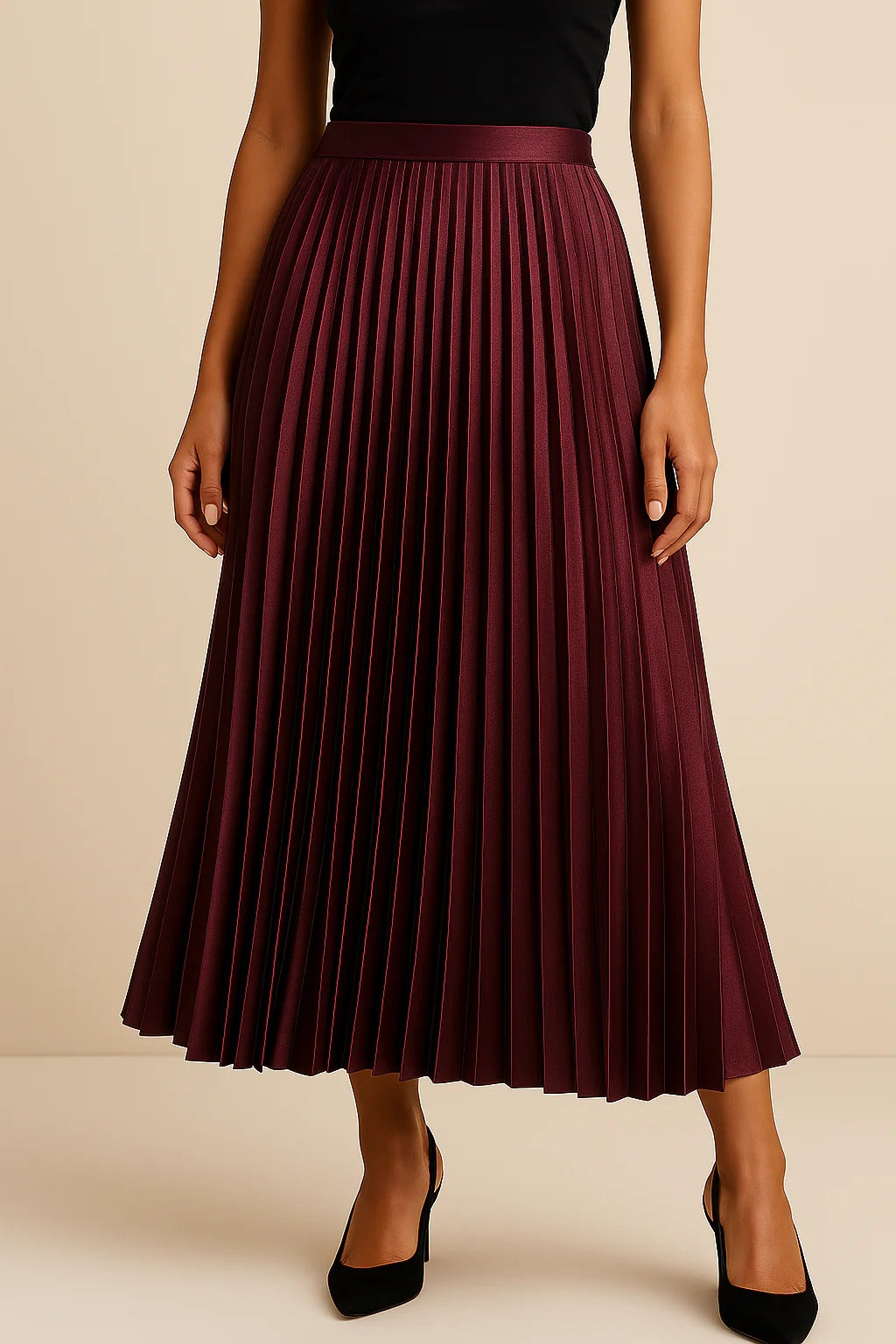 Women’s Satin-Finish High Waist Pleated Midi Skirt