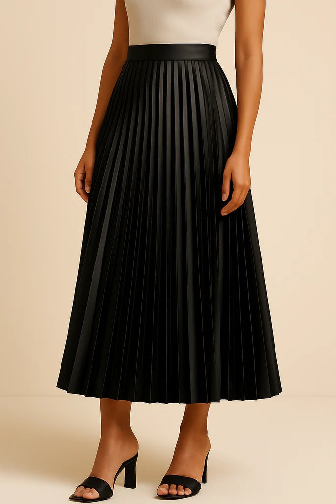 Women’s Satin-Finish High Waist Pleated Midi Skirt